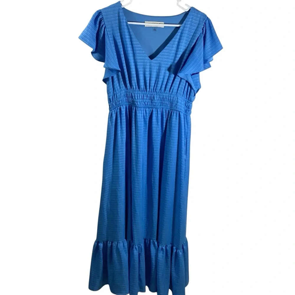 Taylor V-Neck Mock Waist Puffer Sleeves Midi Dress - Picture 1 of 10